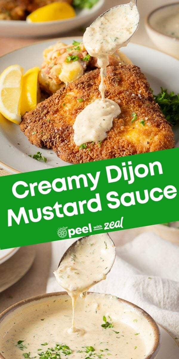 A plate with breaded fish, lemon wedges, and potato salad is topped with rich dijon cream sauce, shown being spooned from a bowl.