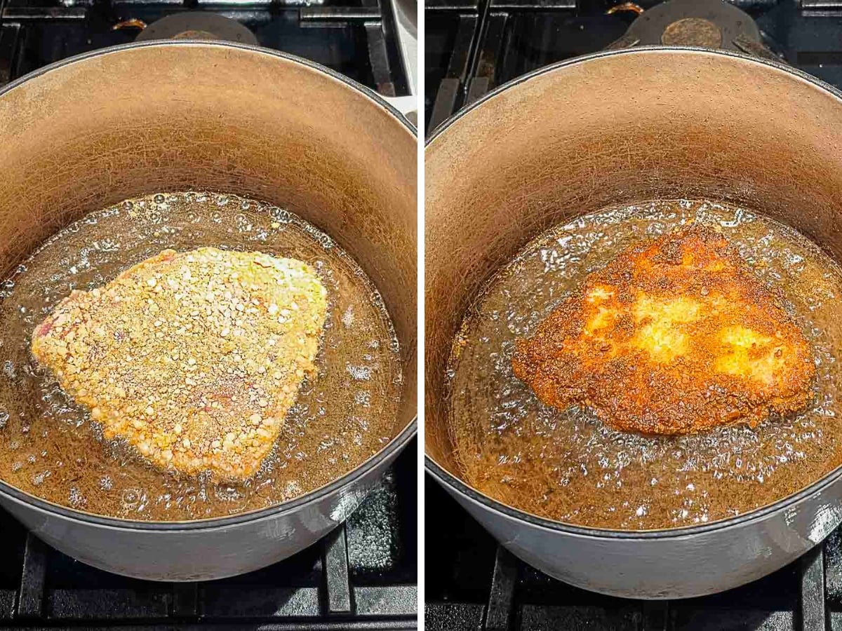 Side-by-side photos show a breaded cutlet frying in oil: on the left, partially cooked and pale; on the right, fully cooked and golden brown.