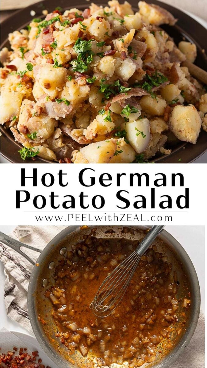 A bowl of authentic German potato salad garnished with fresh parsley is shown above a pan of sautéed onions being stirred with a whisk.