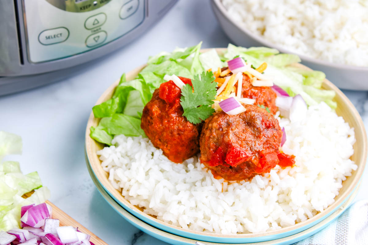 A plate of white rice topped with three saucy meatballs, chopped onions, shredded cheese, lettuce, and a cilantro leaf makes for a comforting option among fall recipes, with a rice cooker and a bowl of rice in the background.