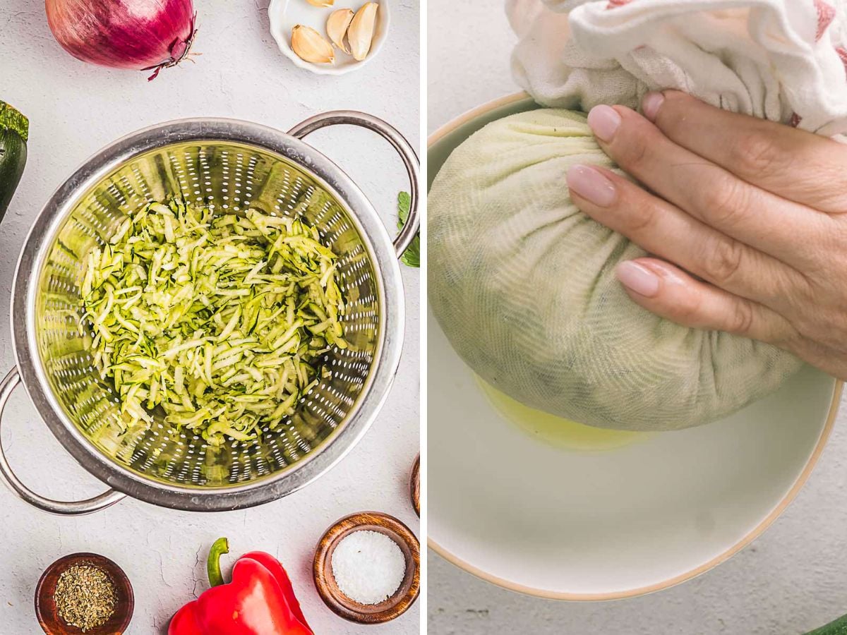 Left: Shredded zucchini in a colander. Right: A hand squeezes shredded zucchini in a cloth over a bowl to remove liquid-an essential step for making crispy fritters. Various vegetables and seasonings surround both scenes, highlighting the fresh ingredients perfect for delicious vegetable fritters or serving with a tangy garlic sauce.