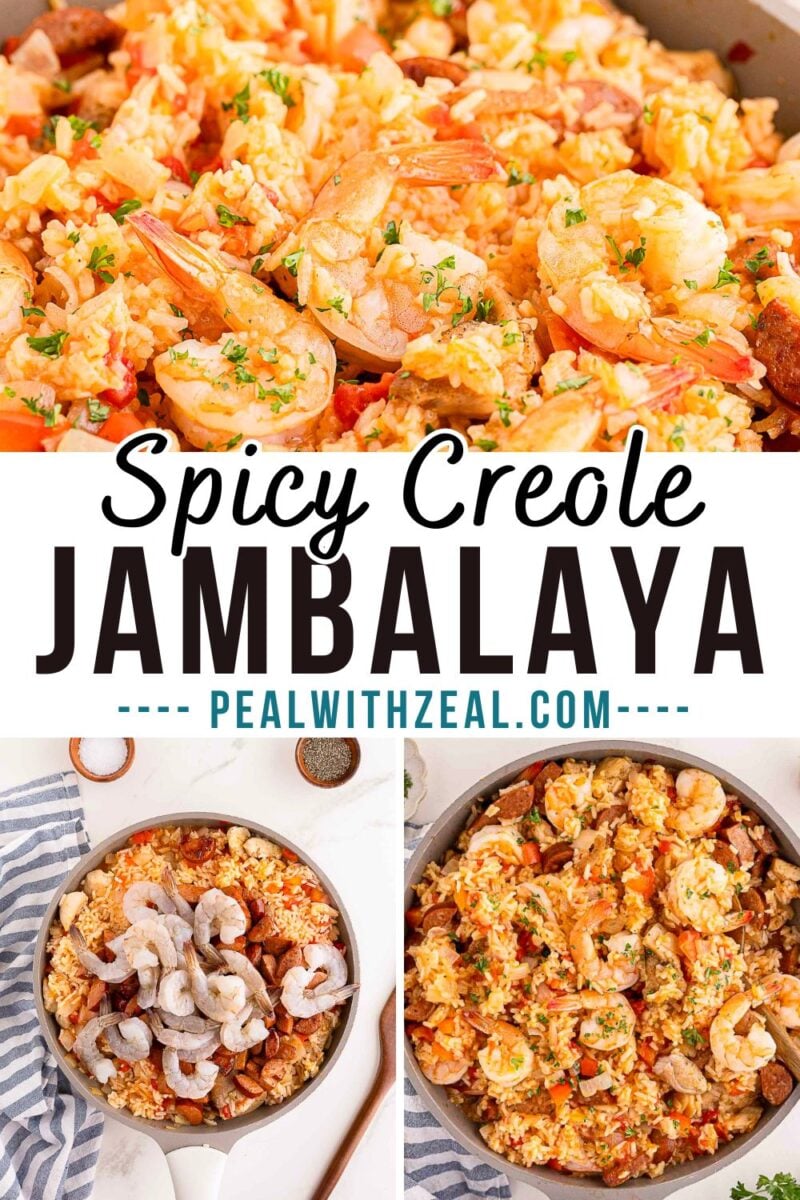 Three images show a skillet of cooked creole jambalaya with shrimp and sausage, a bowl of raw shrimp, and the text “Spicy Creole Jambalaya pealwithzeal.com” in the center.