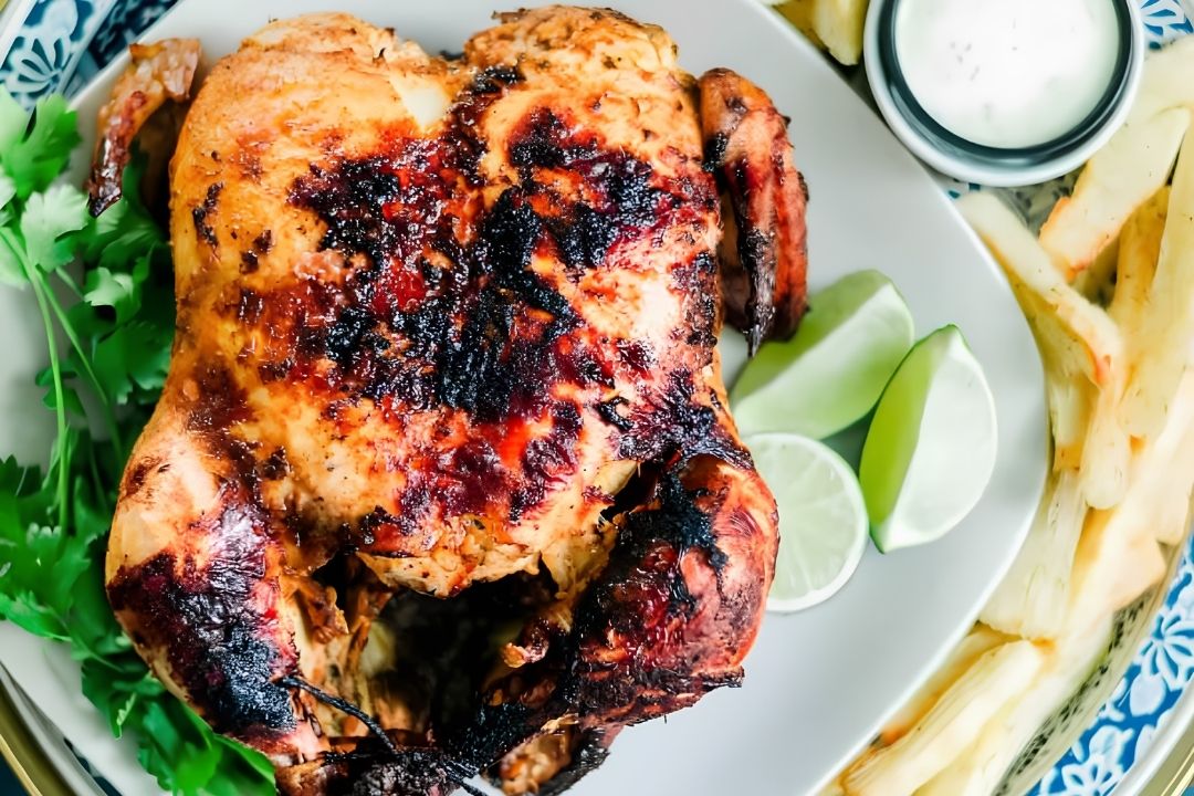 Roasted Chicken with charred skin served on a plate with lime wedges, cilantro, fried yuca, and a small container of dipping sauce—a classic dish inspired by the best Roasted Chicken recipes.