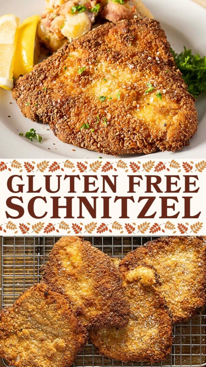 Two images of gluten free schnitzel: one served on a plate with lemon and potato salad, and the other showing four pieces of schnitzel cooling on a wire rack.