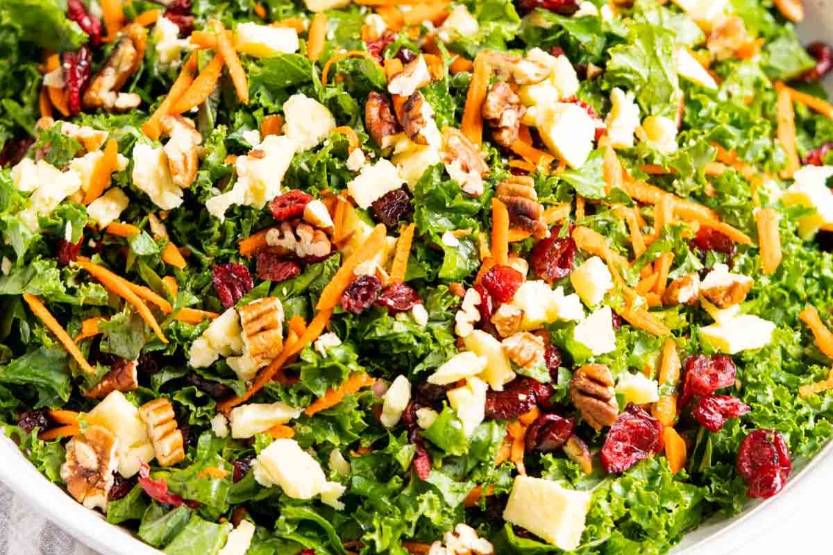 Chopped kale salad topped with shredded carrots, dried cranberries, pecans, and cubes of cheese—a delicious option for travel friendly salads or potluck salads you’ll want to bring everywhere.