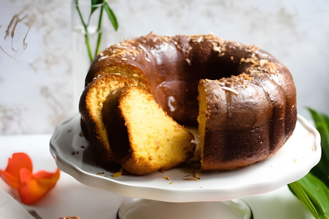 A bundt cake with a slice cut out sits on a white cake stand. The cake appears moist and golden with a light glaze on top, making it perfect for travel-inspired recipes that bring a taste of adventure to your table.