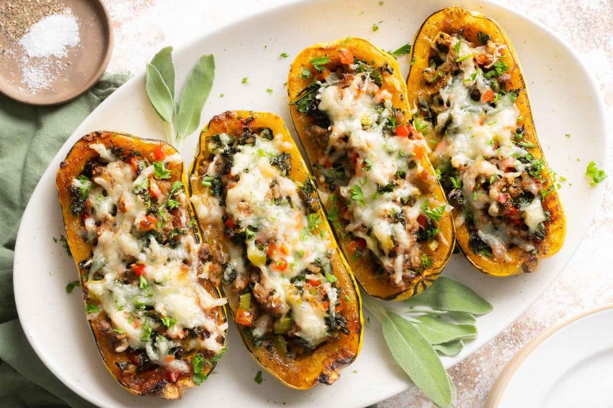Four baked stuffed squash halves filled with vegetables, ground meat, and melted cheese are arranged on a white oval plate, garnished with chopped herbs and fresh sage leaves—a delicious addition to your favorite autumn squash or fall recipes.