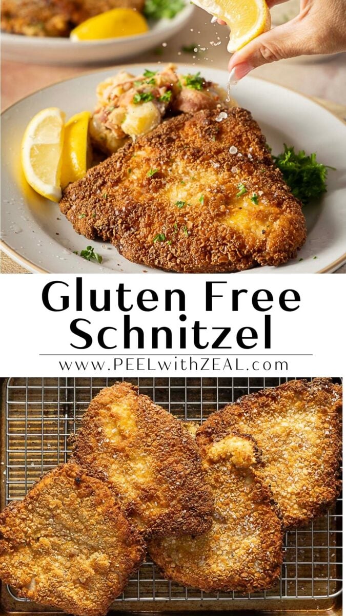 Two plates of golden-brown gluten free schnitzel with lemon wedges and herbs; more schnitzel pieces cooling on a wire rack below. Text reads “Gluten Free Schnitzel www.PEELwithZEAL.com”.
