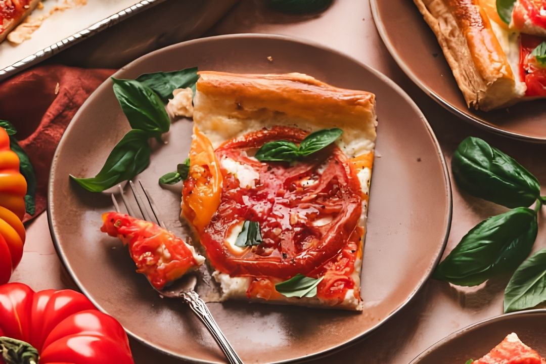 A slice of tomato tart with basil leaves on a brown plate, surrounded by fresh tomatoes and more basil.