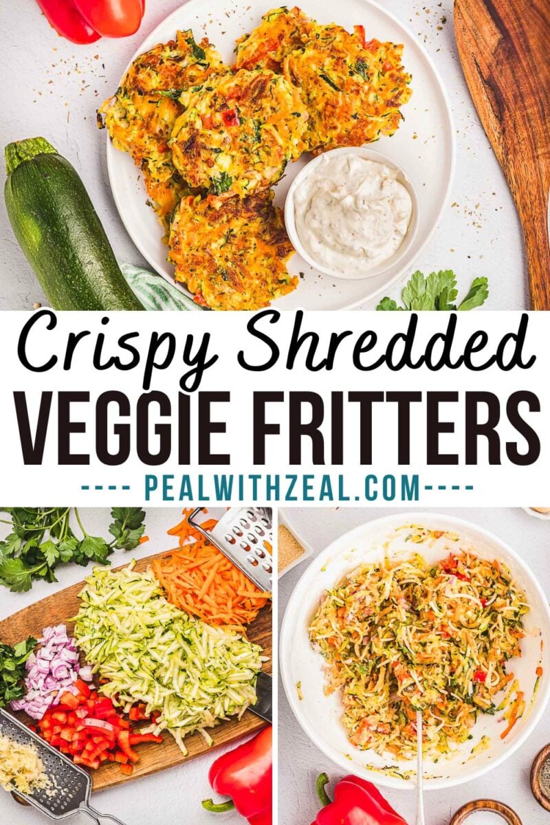 Plate of crispy fritters served with a creamy garlic sauce, surrounded by ingredients like zucchini, onions, red pepper, and chopped vegetables in bowls on a white background. Text reads “Crispy Shredded Vegetable Fritters.”.