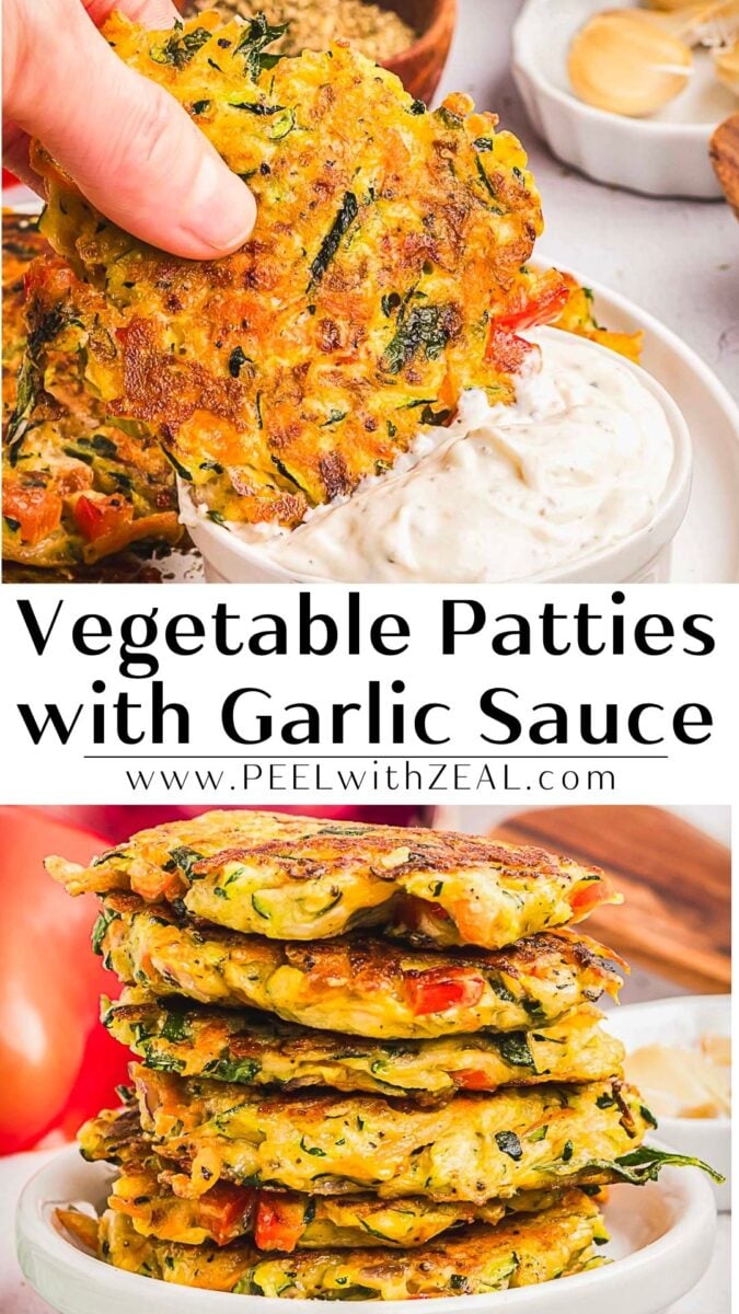 Hand dipping a crispy, golden-brown vegetable patty into garlic sauce, with a stack of vegetable fritters and extra sauce in the background. Text reads “Vegetable Patties with Garlic Sauce.”.