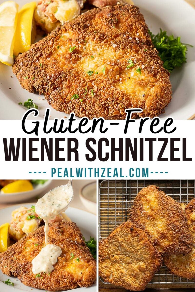 Three images show golden gluten-free Wiener schnitzel: a plated serving, schnitzel being topped with sauce, and two fried schnitzels resting on a cooling rack. Text reads “Gluten-Free Wiener Schnitzel.”.