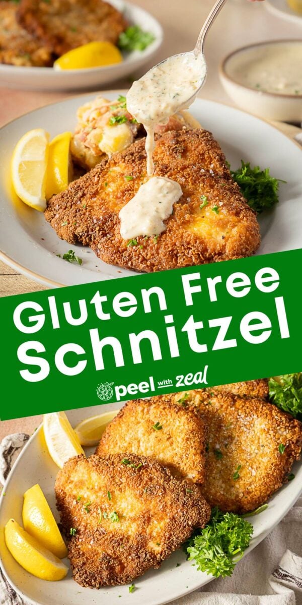 Two plates of breaded gluten-free schnitzel, garnished with lemon wedges and parsley, served with creamy sauce and potato salad. Text overlay reads “Gluten Free Schnitzel.”.