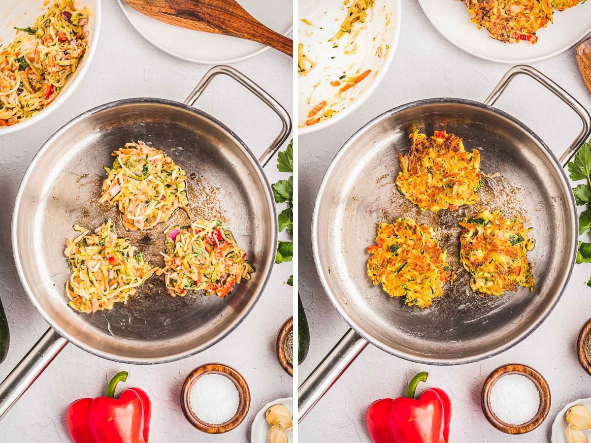 Two side-by-side photos show crispy vegetable fritters cooking in a skillet: the left image has uncooked fritters, and the right image shows them browned and cooked. Surrounding bowls hold ingredients, including a creamy garlic sauce perfect for dipping.