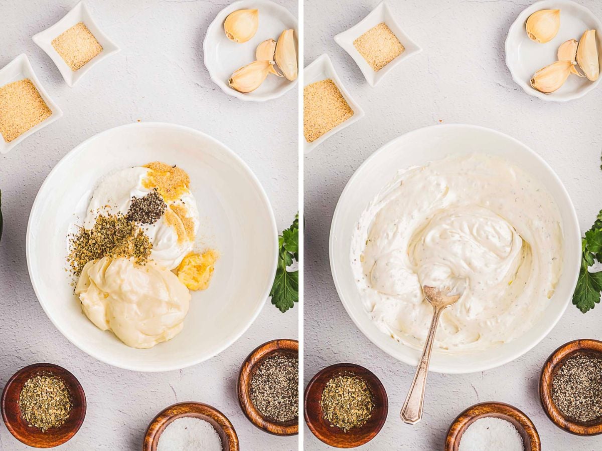 Two side-by-side images: left shows a bowl with mayonnaise, mustard, herbs, and pepper ready to be transformed into a delicious garlic sauce; right shows the same bowl with the ingredients mixed into a creamy sauce, perfect for serving with crispy vegetable fritters. A fork rests in the bowl.