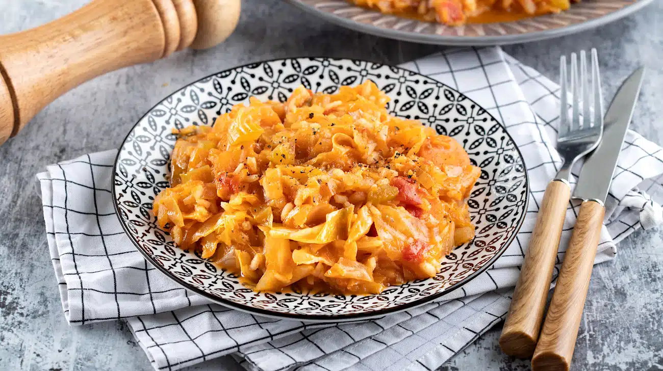 A patterned plate of pasta with tomato sauce is set on a checkered napkin beside a fork, knife, and pepper grinder, making for an inviting display that would fit right in among comforting recipes or even creative cabbage recipes.