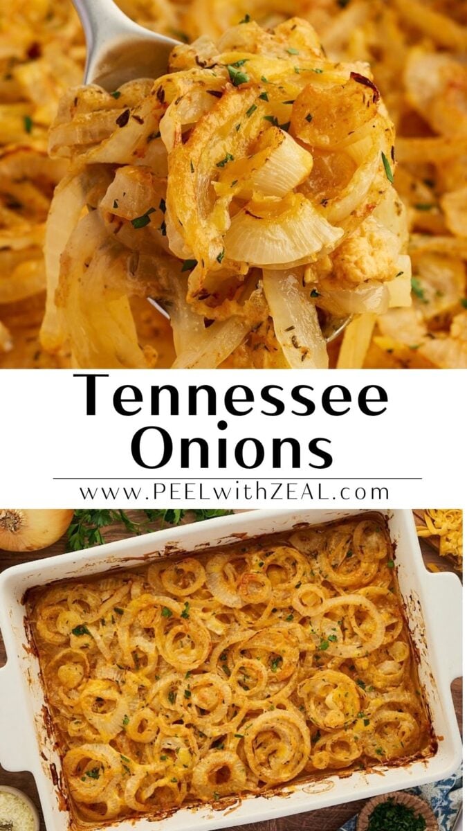 Baked Tennessee Onions casserole filled with sliced cooked onions, topped with herbs and cheese, shown close up on a fork and in a baking dish.