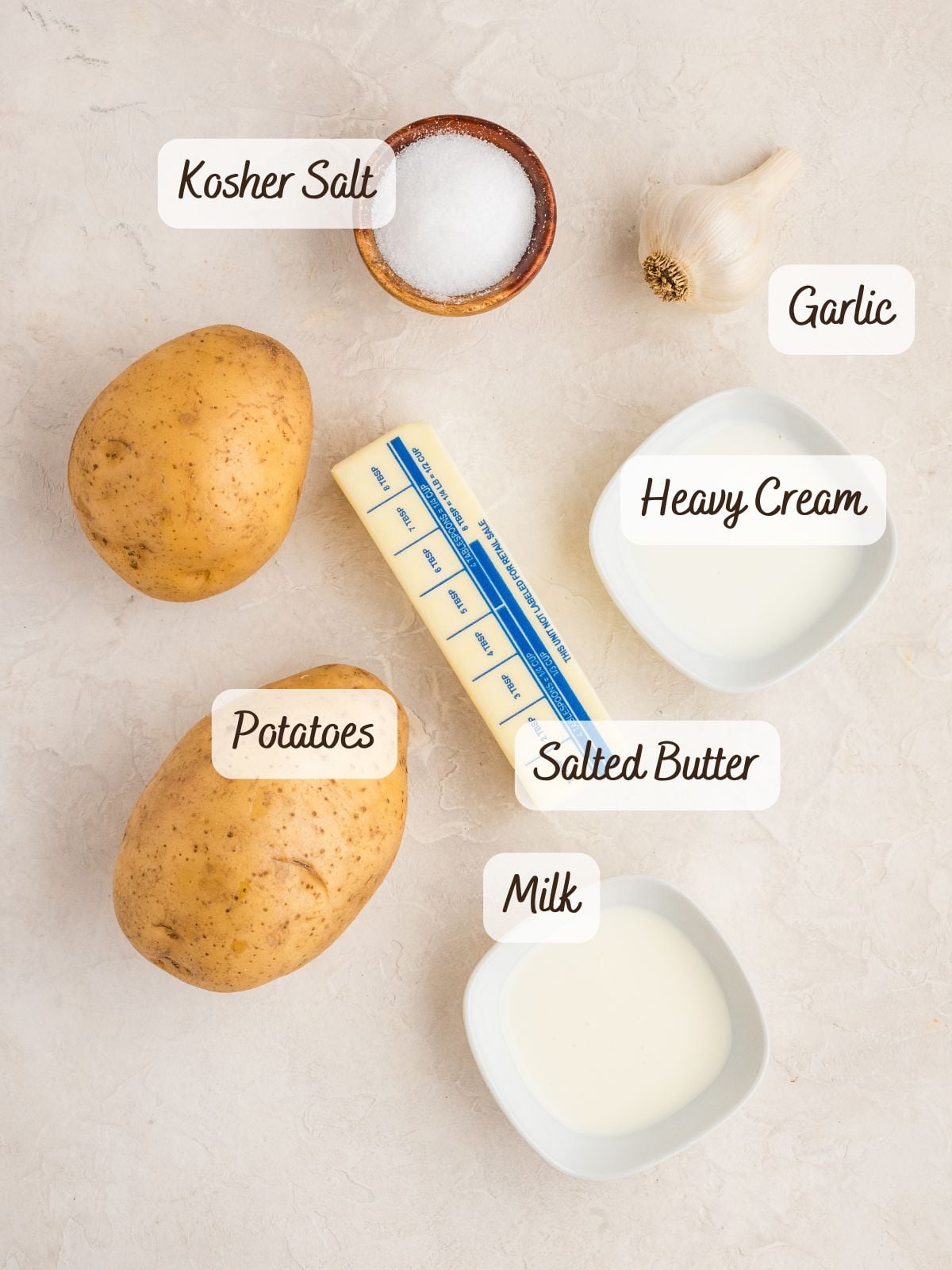 Overhead view of potatoes, salted butter, heavy cream, milk, kosher salt, and a garlic bulb arranged on a white surface, each labeled with text—perfect ingredients for rich and creamy Brown Butter Mashed Potatoes.