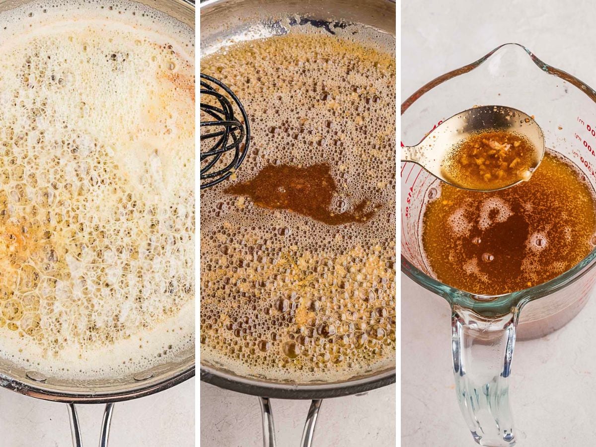 Three images show stages of making brown butter: melting and bubbling butter in a skillet, browned butter being whisked, and finished brown butter in a glass measuring cup with brown bits.