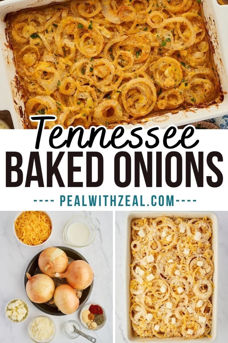 Casserole dish of baked onions topped with crispy onions, featuring cheese and cream. Text reads: “Tennessee Baked Onions recipe.”.