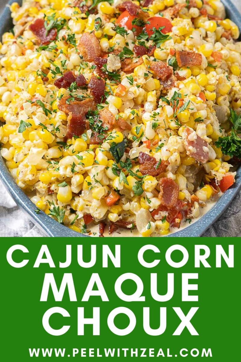 Bowl of classic Maque Choux with bacon, diced peppers, and fresh herbs, placed on a marble surface; website URL at the bottom.
