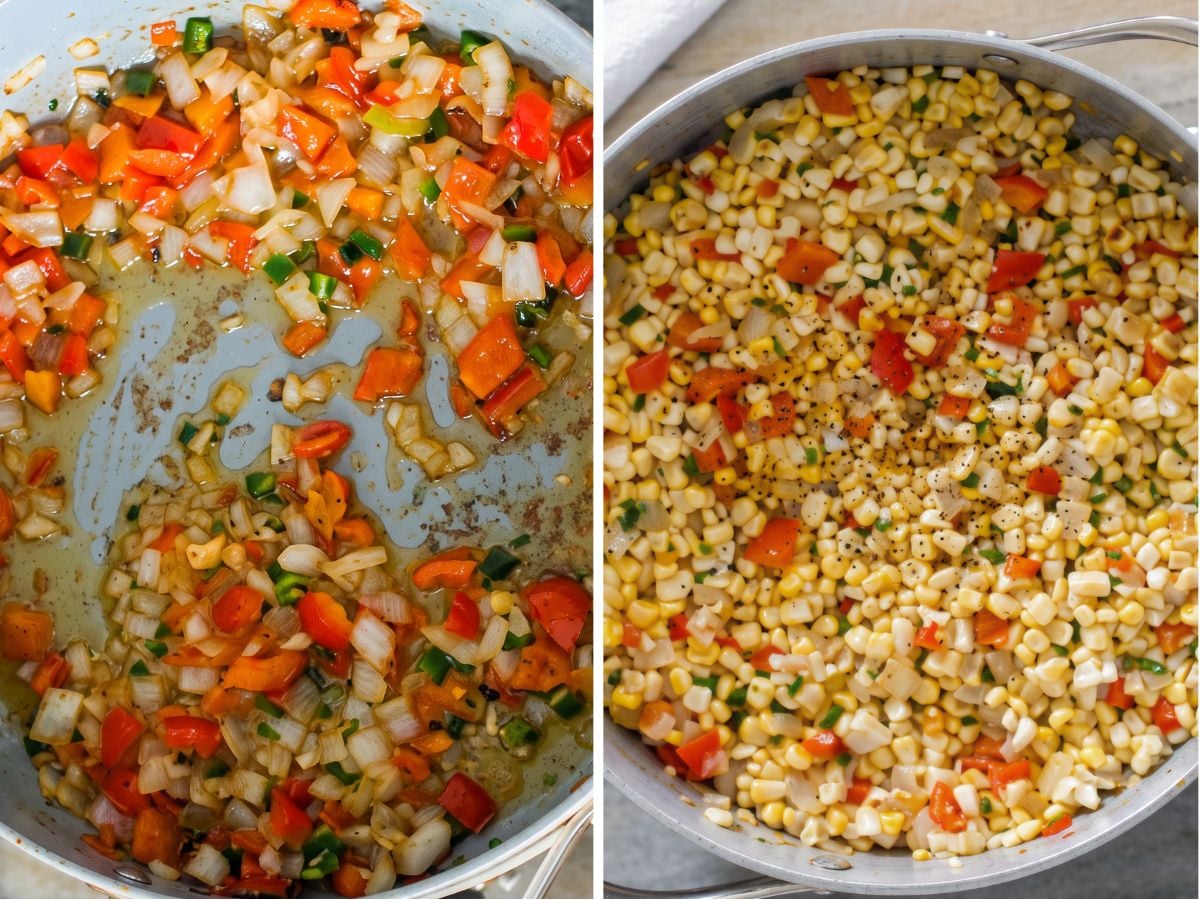 Side-by-side images showing chopped vegetables sautéing in a pan on the left and cooked corn with diced vegetables and black pepper in a pan on the right.
