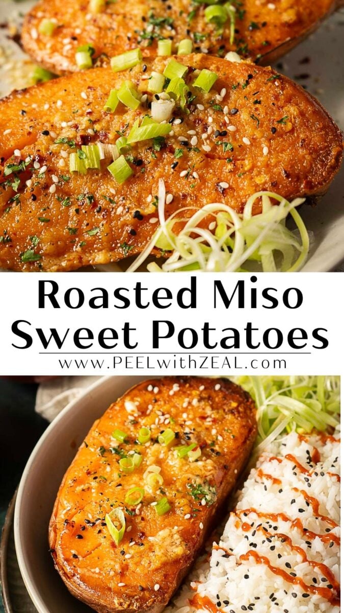 Miso Sweet Potatoes: Two roasted sweet potato halves topped with a savory miso glaze, chopped green onions, and sesame seeds, served on a plate with a side of rice and shredded cabbage.