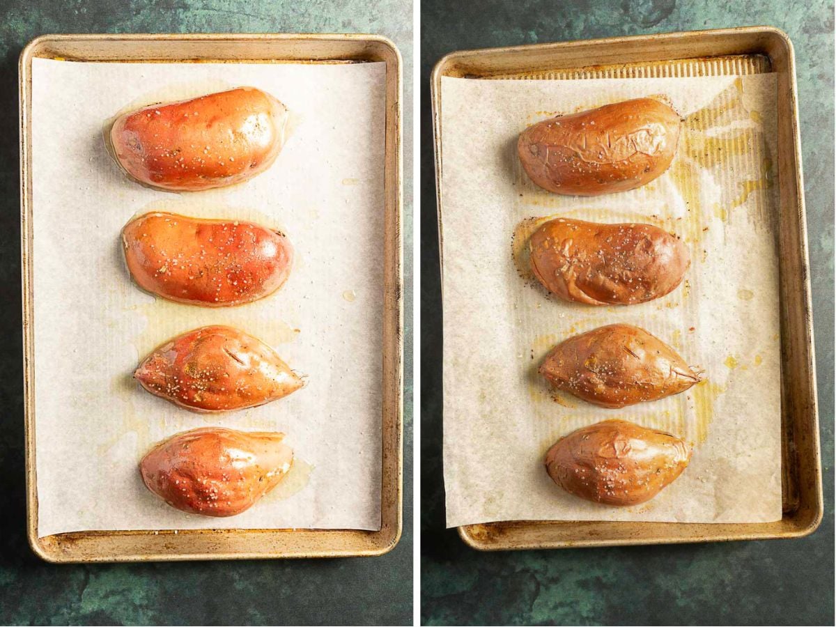 Two images show whole sweet potatoes on parchment-lined baking sheets: raw and seasoned on the left, roasted and browned on the right.