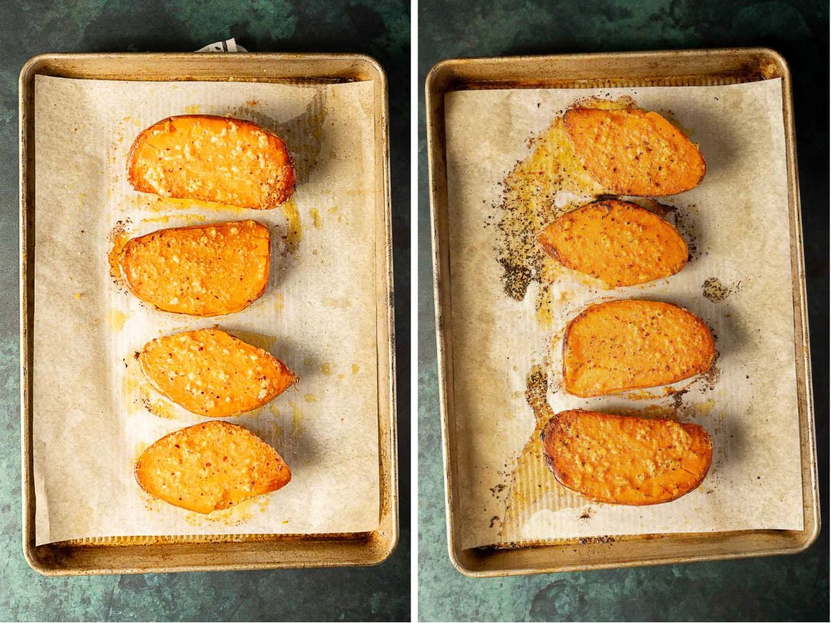 Two baking sheets, each with four roasted sweet potato halves on parchment paper, viewed from above.