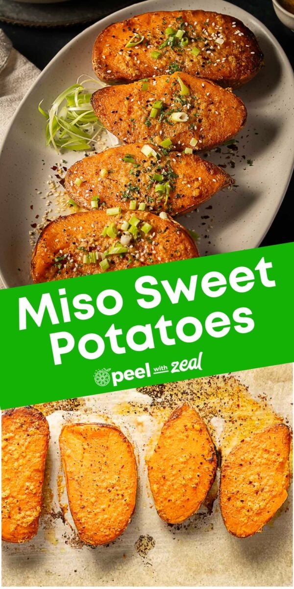 Four roasted sweet potato halves garnished with green onions and sesame seeds on a plate, plus four plain roasted halves on a baking tray. Text overlay reads: “Miso Sweet Potatoes.” Perfect for fans of miso recipes or anyone looking to add new flavors to their sweet potato recipes.