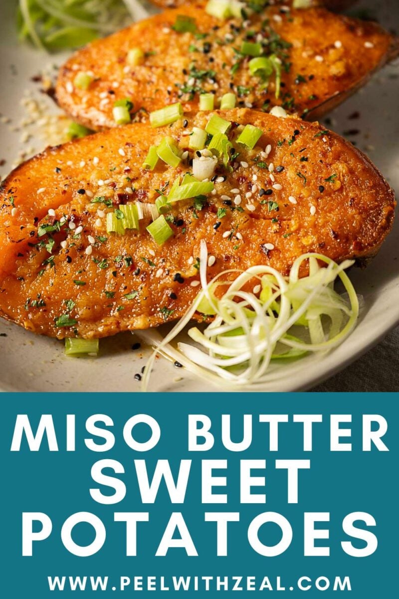 Miso Sweet Potatoes: Roasted sweet potato halves topped with sliced green onions, sesame seeds, and a touch of miso seasoning, served on a plate.