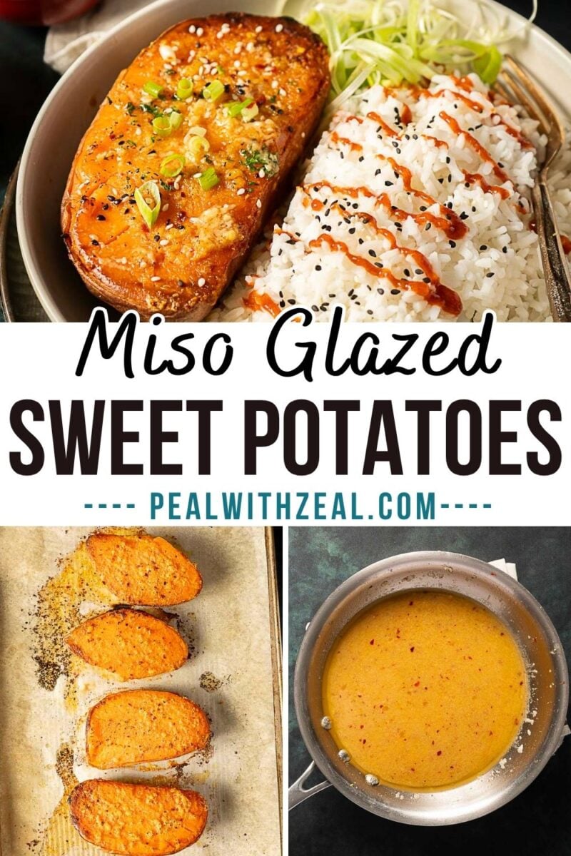 A bowl with Miso Sweet Potatoes, white rice topped with sauce, and green onions; sliced sweet potatoes and a pot of glaze shown below. Text reads: “Miso Glazed Sweet Potatoes.”.