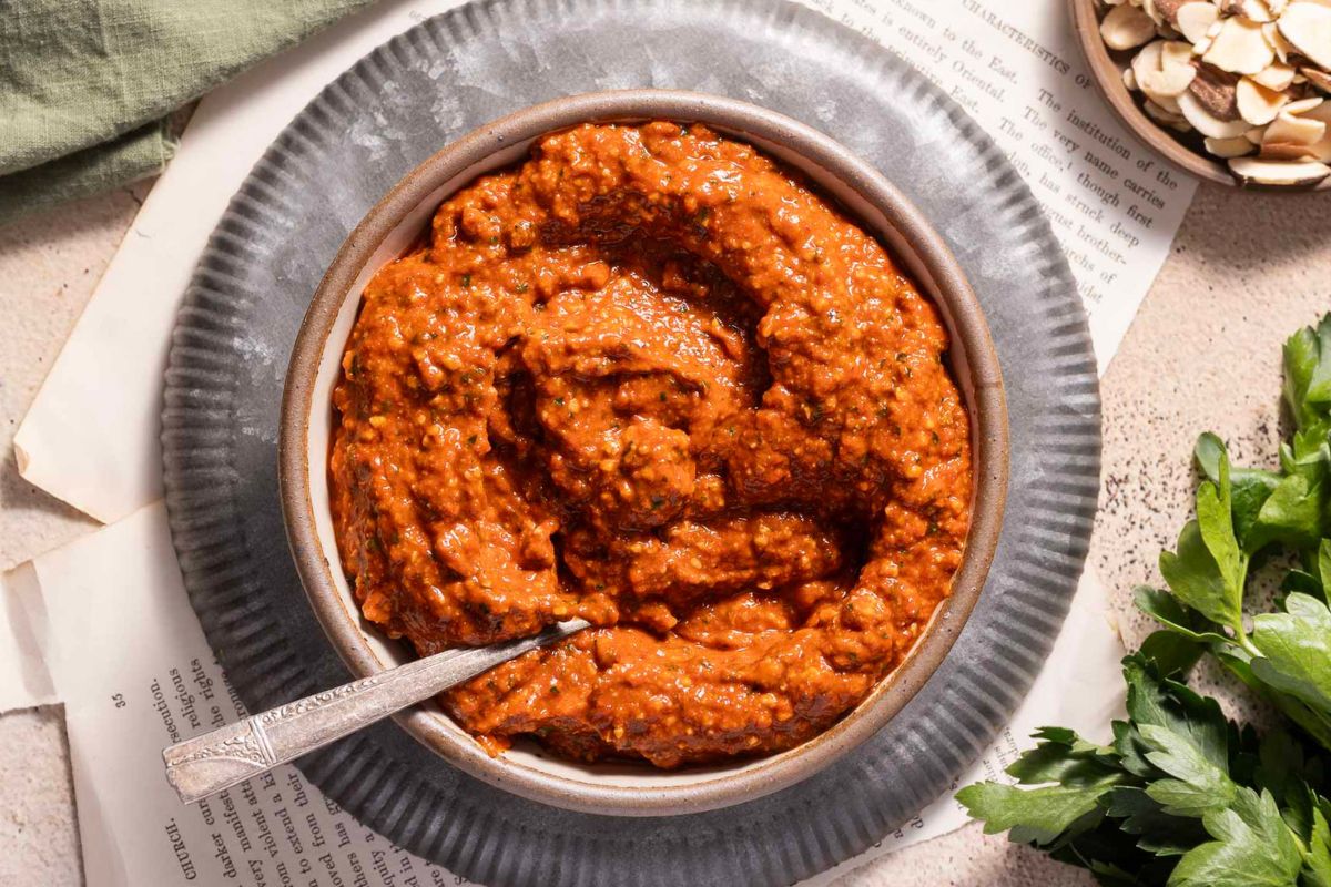 A bowl of thick, reddish-brown dip with a spoon rests on a plate, perfect for meal prep, surrounded by green herbs and scattered pumpkin seeds.