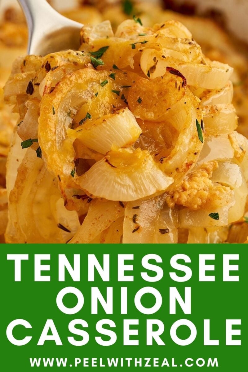 Close-up of a fork lifting a serving of baked Tennessee onions casserole, with cooked onions and herbs. Text reads “Tennessee Onion Casserole” and shows a website link.