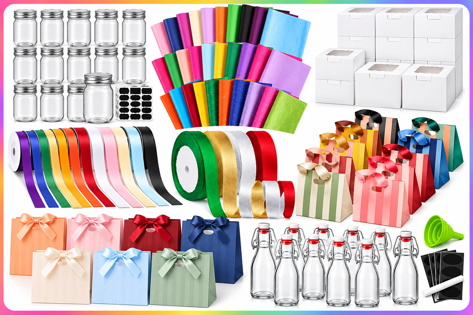 A collection of DIY craft supplies including glass jars, colorful wrapping tissue, white gift boxes, fabric ribbons, gift bags, and bottles, ideal for inexpensive gifts and creative hostess gifts.