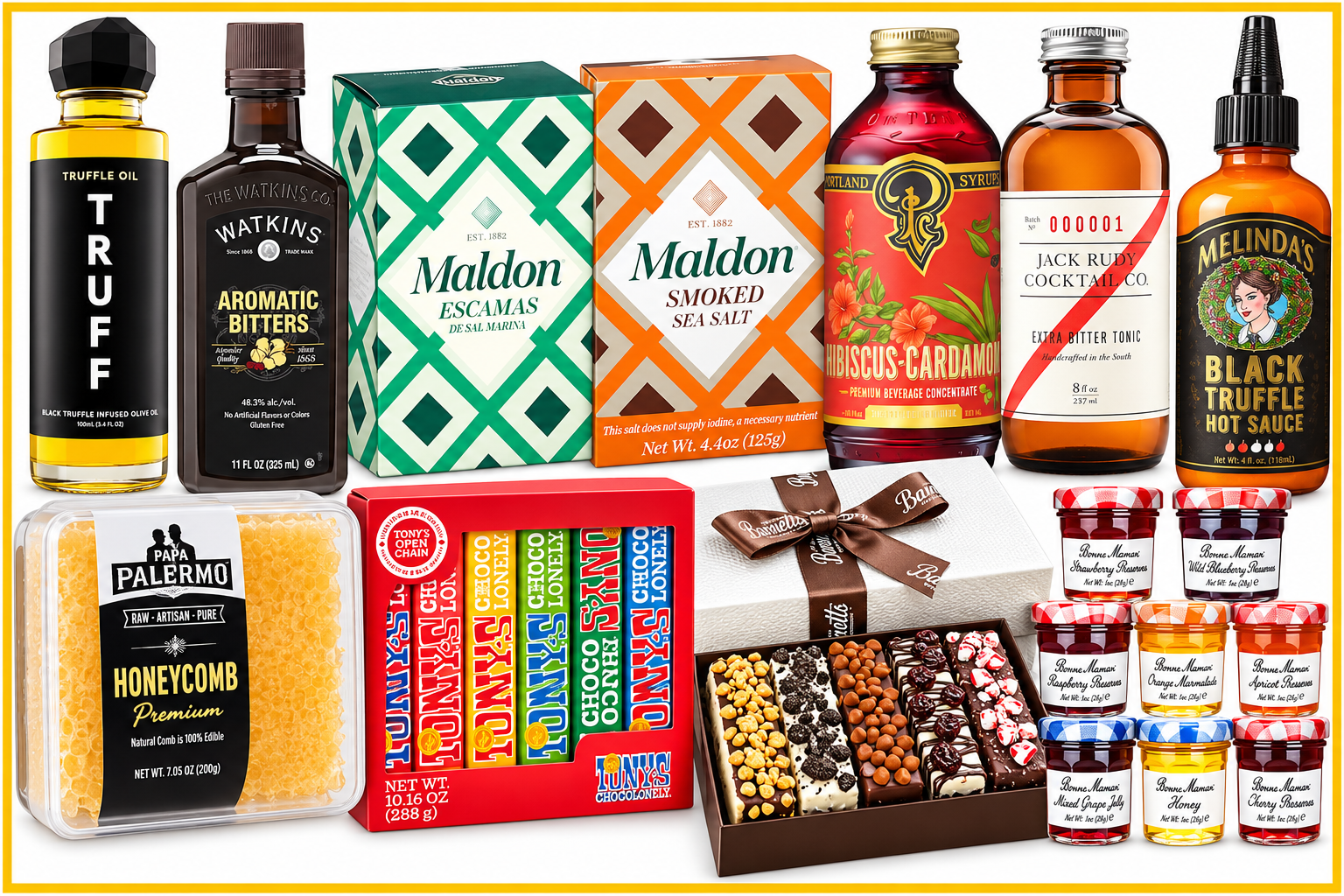 A collection of gourmet gift ideas including truffle oils, bitters, Maldon sea salt, cocktail syrups, Tony's Chocolonely chocolate bars, honeycomb, and a gift set of assorted fruit jams.