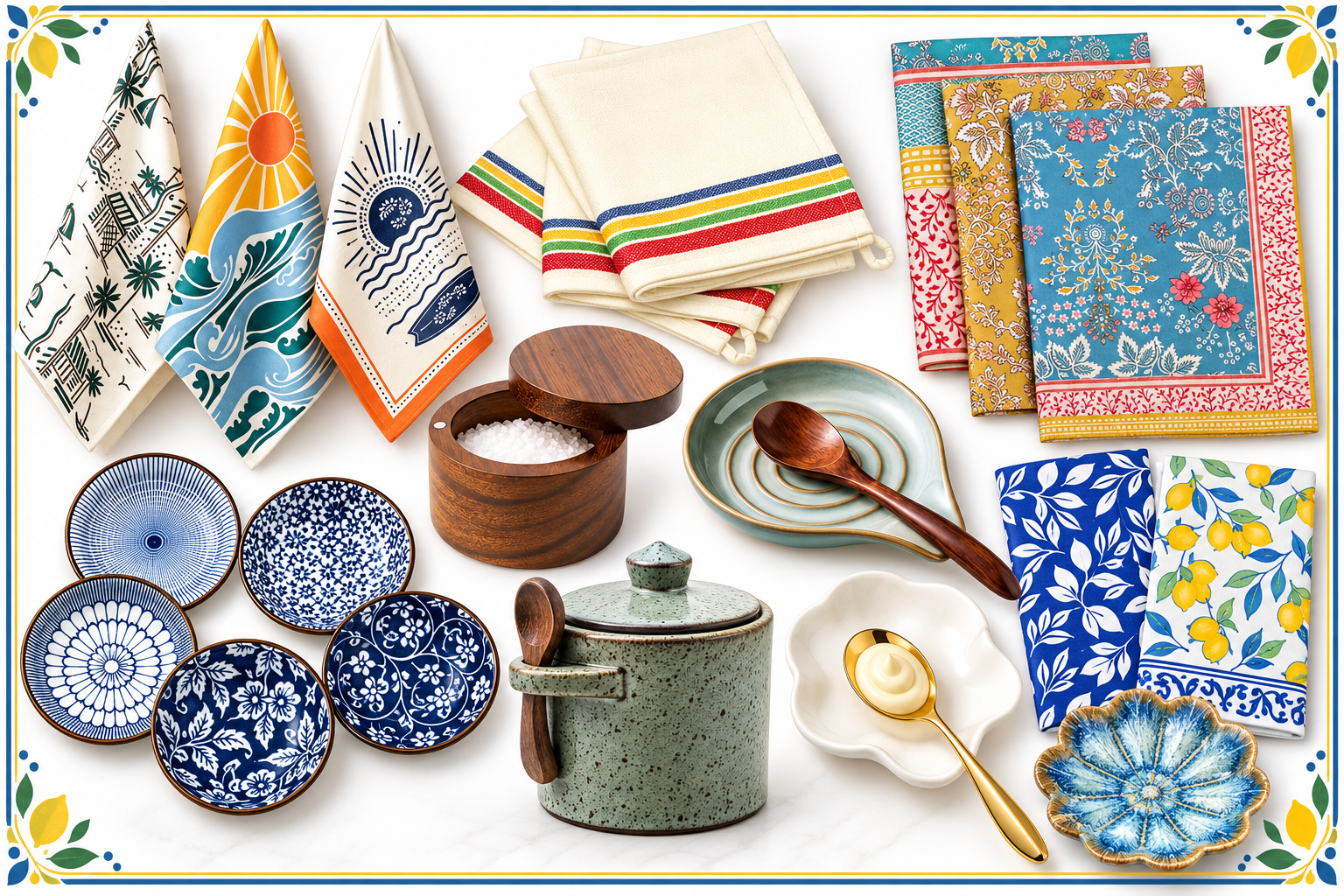 A collection of kitchenware, perfect as hostess gifts, including patterned cloth napkins, small ceramic bowls, a wooden salt cellar, a lidded jar, a spoon rest, and a flower-shaped dish with a spoon.