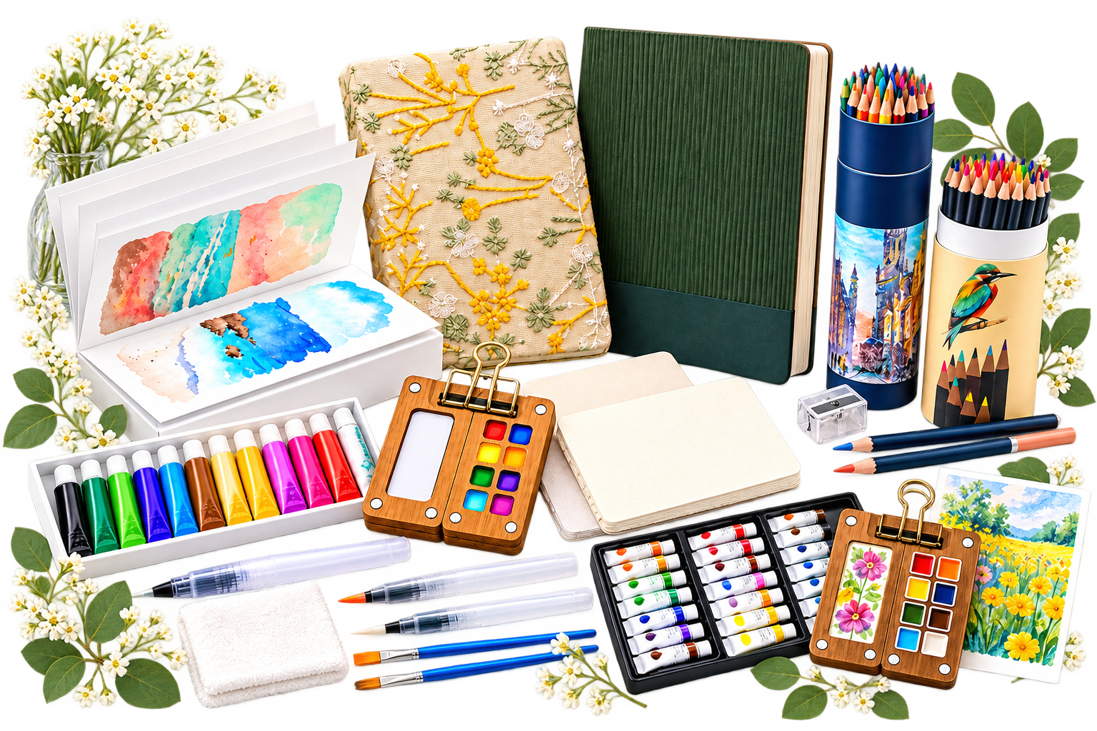 A watercolor accordion sketchbook, paint tubes, a wooden palette, colored pencils, and brushes surrounded by white flowers, making for thoughtful and affordable gifts.