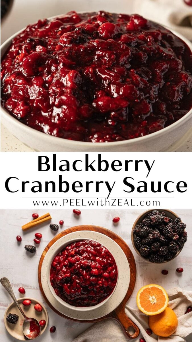 A bowl of blackberry cranberry sauce, surrounded by fresh blackberries, cranberries, orange slices, and a cinnamon stick.