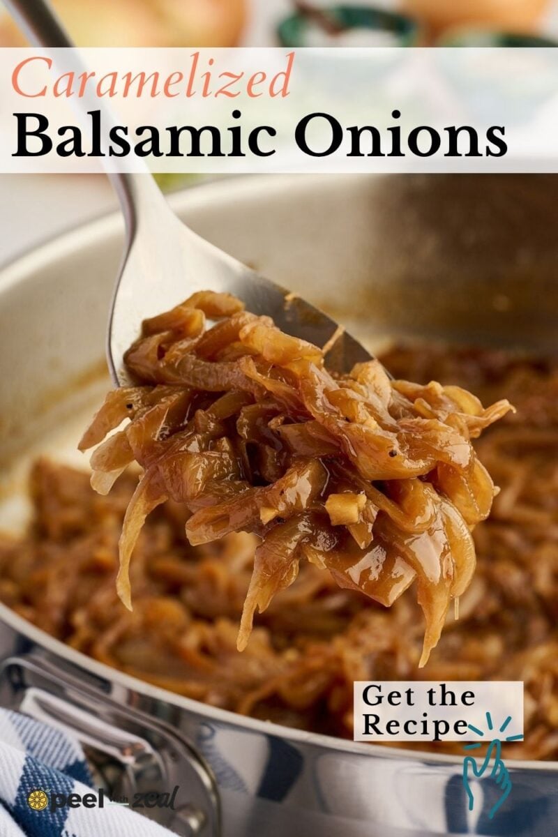 A spoonful of caramelized frenched onions held over a stainless steel skillet.