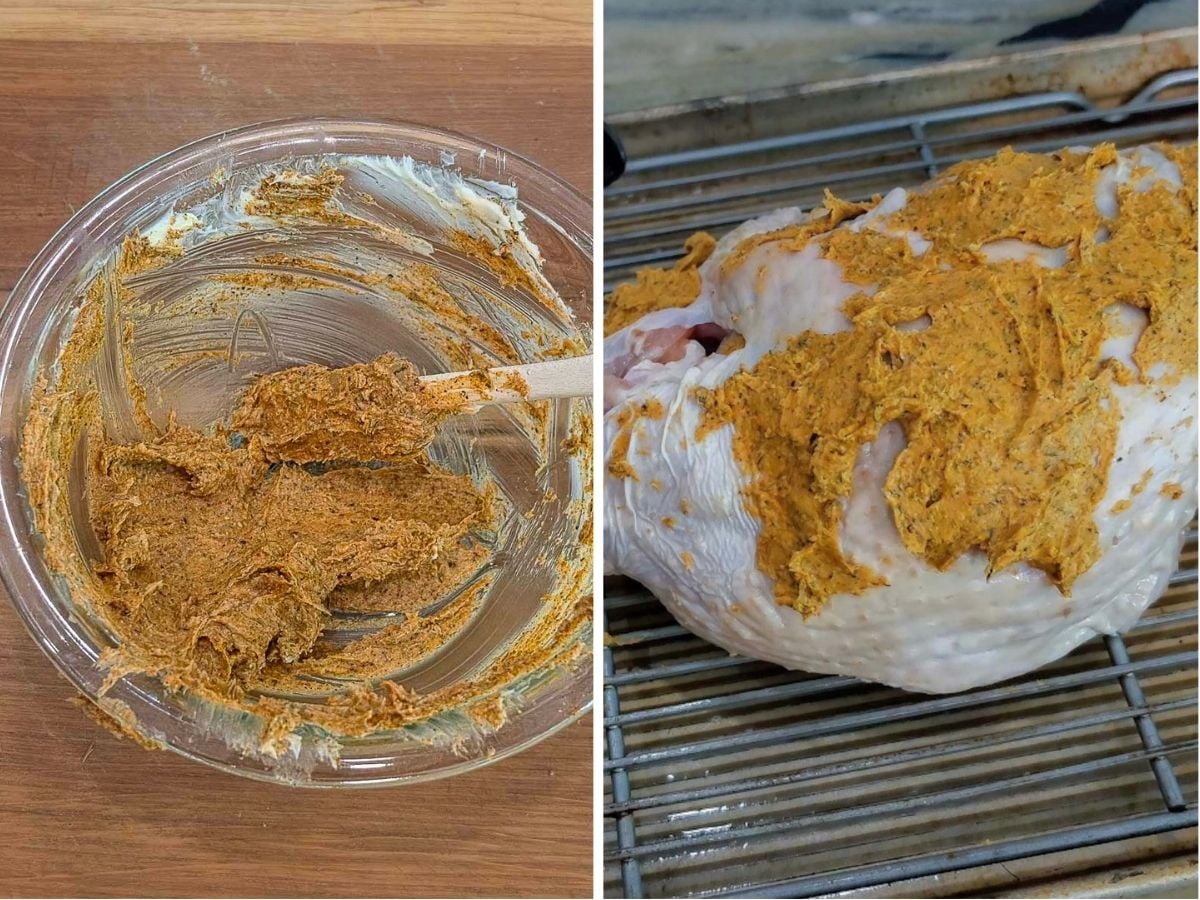 A glass bowl containing a seasoned butter rub next to a raw turkey breast prepared for a slow cooker, coated in the same rub on a wire rack.
