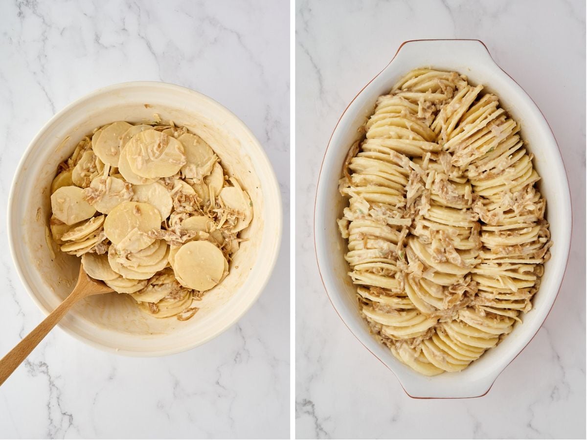 A mixing bowl of sliced potatoes and shredded meat, and an oval baking dish filled with the same mixture arranged in rows.