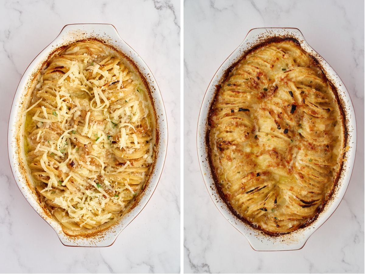 Two oval baking dishes of scalloped potatoes: one topped with shredded cheese before baking, and one golden-brown after baking.