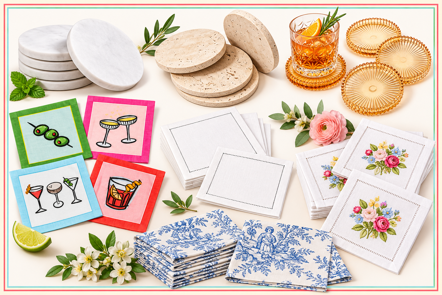Assorted marble, stone, and glass coasters with embroidered and printed linen napkins and fresh garnishes, perfect as affordable hostess gifts.