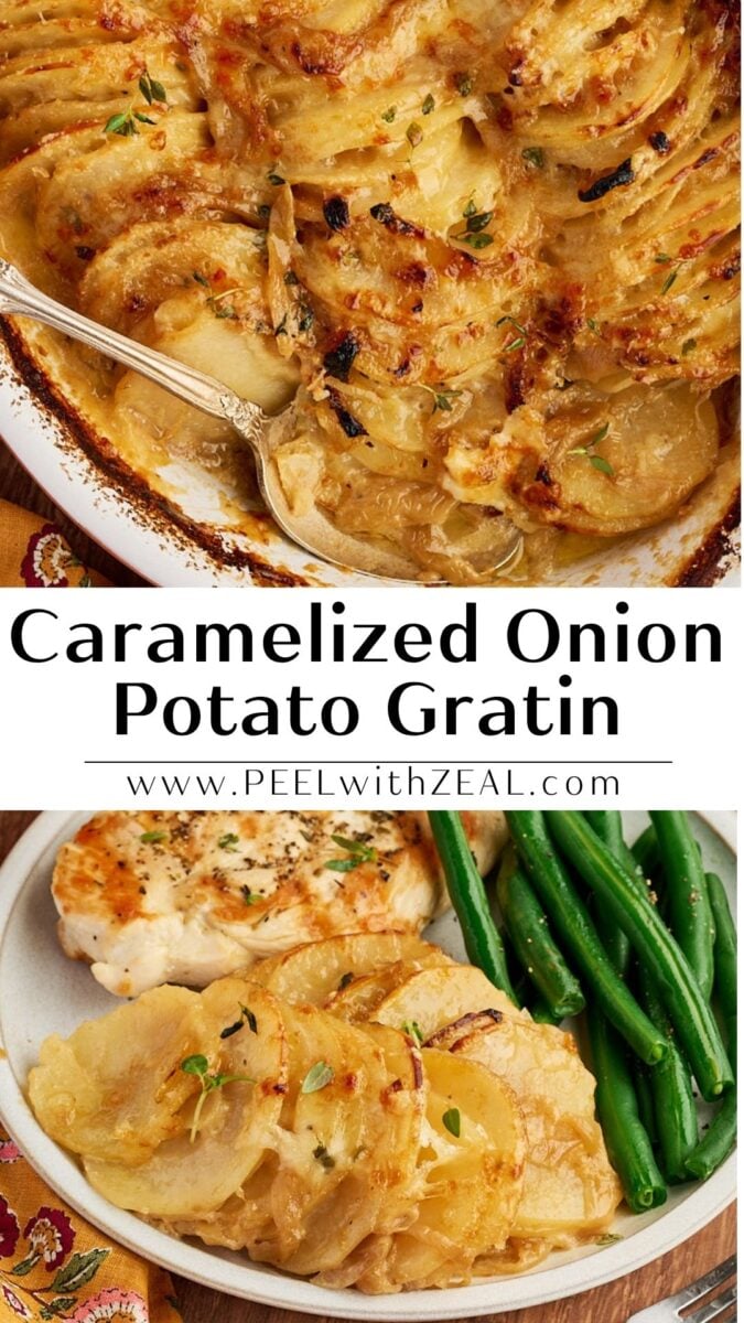 A serving dish of French onion potatoes, and a plate featuring a portion of the gratin with a chicken breast and green beans.
