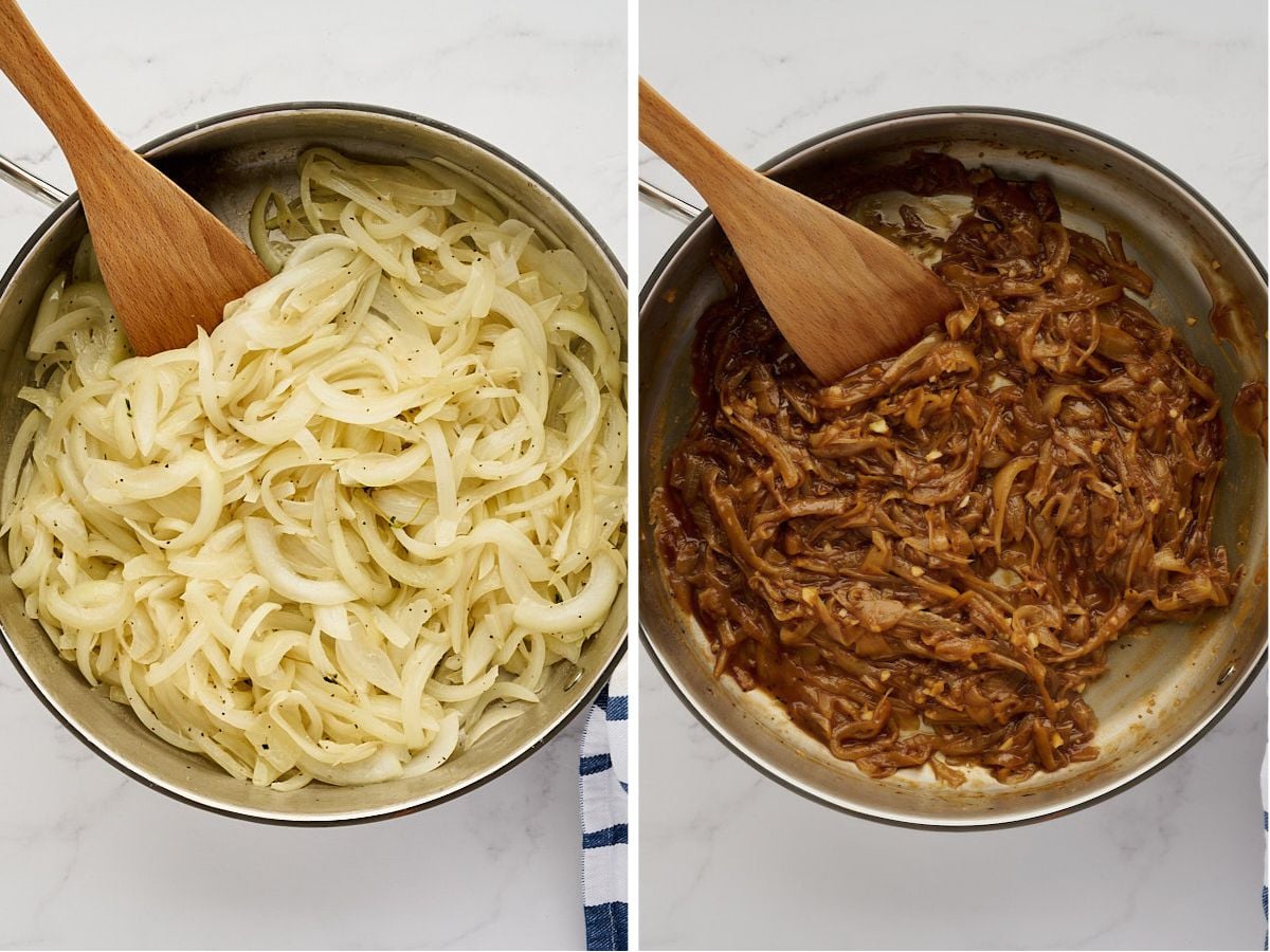 Side-by-side comparison of onions in a skillet: sliced raw onions on the left and fully caramelized onions on the right.