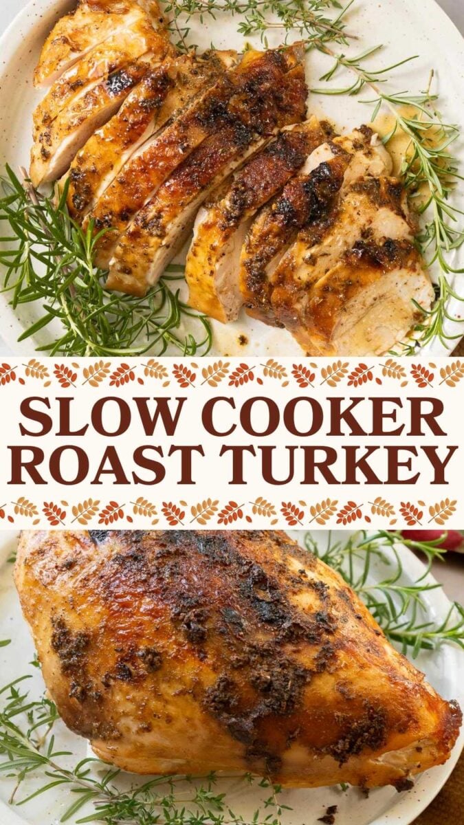 Sliced slow cooker turkey breast with an herb crust on a plate, garnished with fresh rosemary sprigs.
